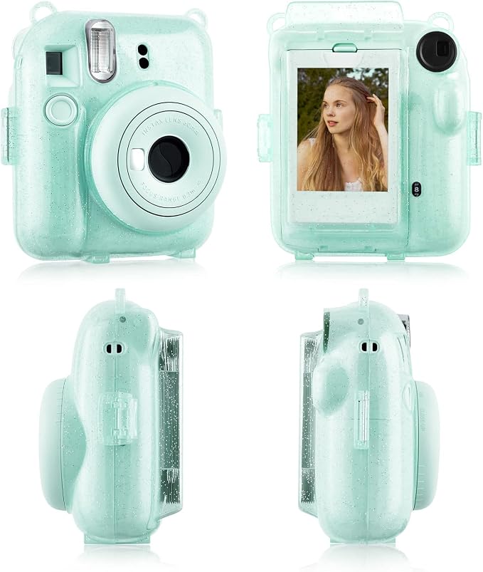 Rieibi Clear Case Compatible with Fuji Instax Mini 12 - Glitter Case Bag for Fujifilm Instax Mini 12 Instant Camera with Back Pocket, Strap and Photo Album - Glitter Green - Image 3
