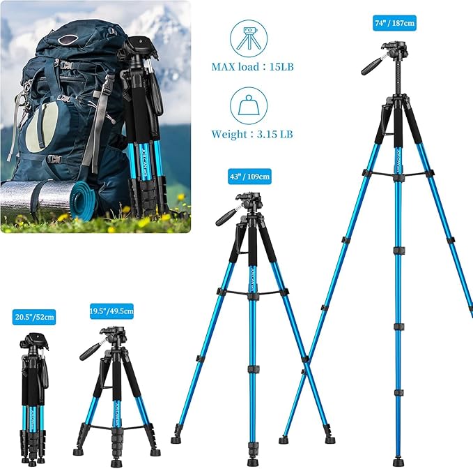 JOILCAN Tripod Camera Tripod, 74" Tripod for Camera Cell Phone | with Phone Holder for Video Recording, Heavy Duty and Tall, Travel Tripod Compatible with DSLR Canon iPhone, Max Load 15 LB - Image 2