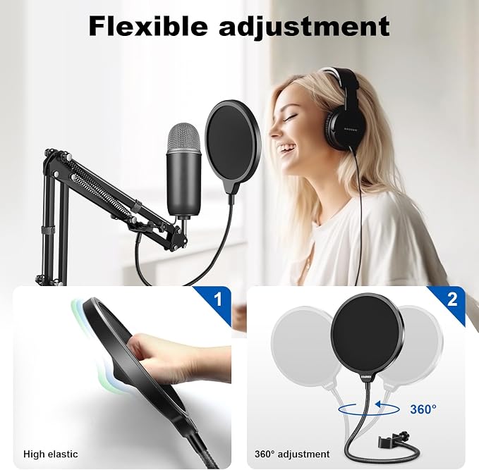 Professional Microphone Pop Filter Mask Shield For Blue Yeti and Any Other Microphone,Mic Dual Layered Wind Pop Screen With Flexible 360° Gooseneck Clip Stabilizing Arm - Image 5