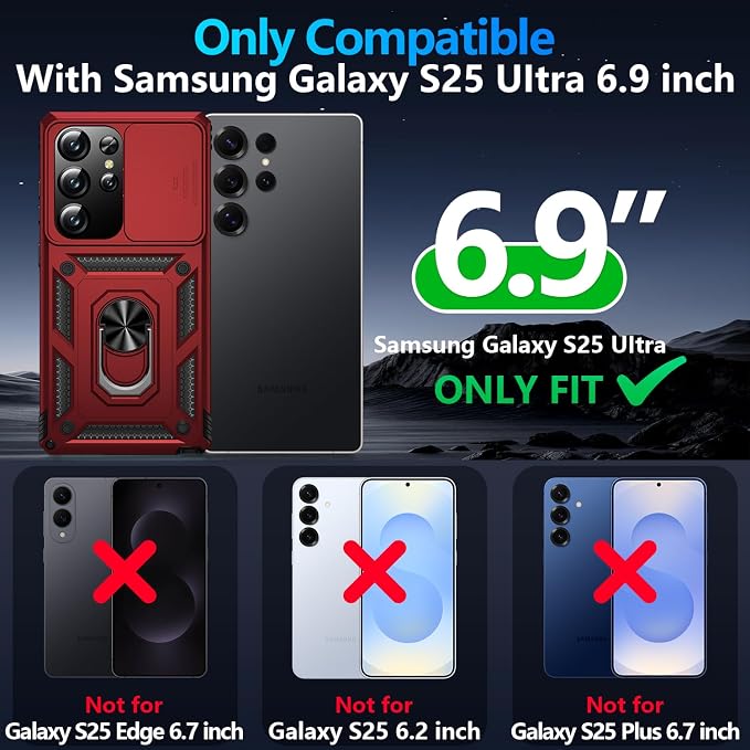 Taisairu for Samsung Galaxy S25 Ultra Case with Screen Protector & Slide Camera Lens Cover, Built-in Magnetic Ring Stand Shockproof Protective Phone Case for Samsung S25 Ultra Case (Red) - Image 9