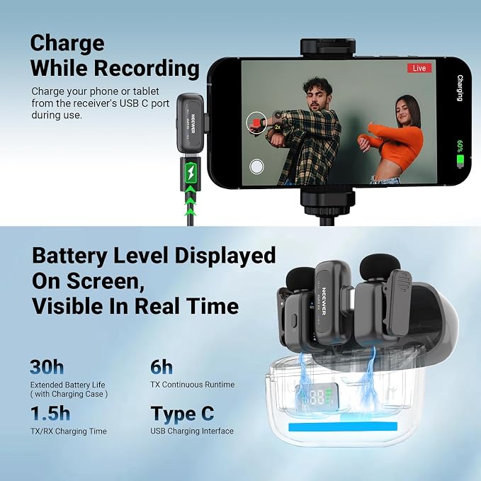 NEEWER KM19 Wireless Lavalier Microphone Compatible with iPhone 17 16, Gray | Compatible with iPhone Android & PC, Mini Lav Mic, App Control, 3 Level Noise Cancelling, 30h Battery, 100m, Video Recording - Image 6