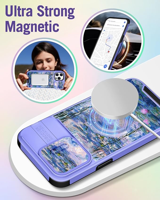 Buleens for iPhone 15 Pro Case 6.1 Inch - with Ring Stand & Camera Cover Aesthetic Cute Designed for Women Girls Girly Pretty Blue Water Lily for Phone Case for iPhone 15 Pro Compatible with Magsafe - Image 4
