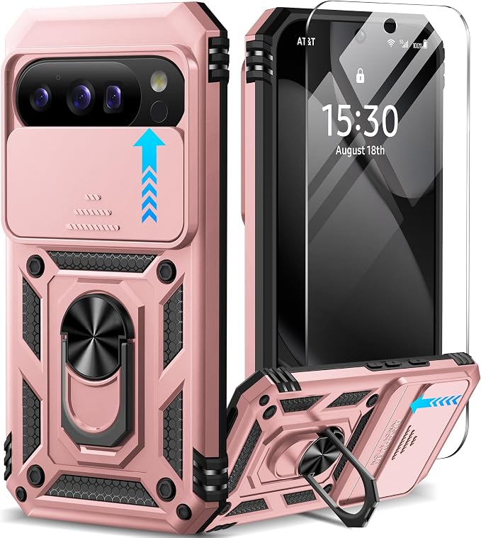 Taisairu for Google Pixel 10 Case/Pixel 10 Pro Case with Screen Protector & Slide Camera Lens Cover,Built-in Ring Stand Protective Phone Case for Pixel 10 Case/Google Pixel 10 Pro Case (Rose Gold) by Taisairu