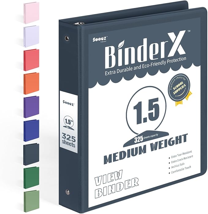 BinderX 3 Ring Binder 1.5 Inch, 1.5" Clear View Binder, Dark Blue, Letter | Extra Durable, PVC-Free, Customizable, Interior Pockets, 325-Sheet Capacity, Eco-Friendly, Reinforced Hinge, School, Office by Sooez