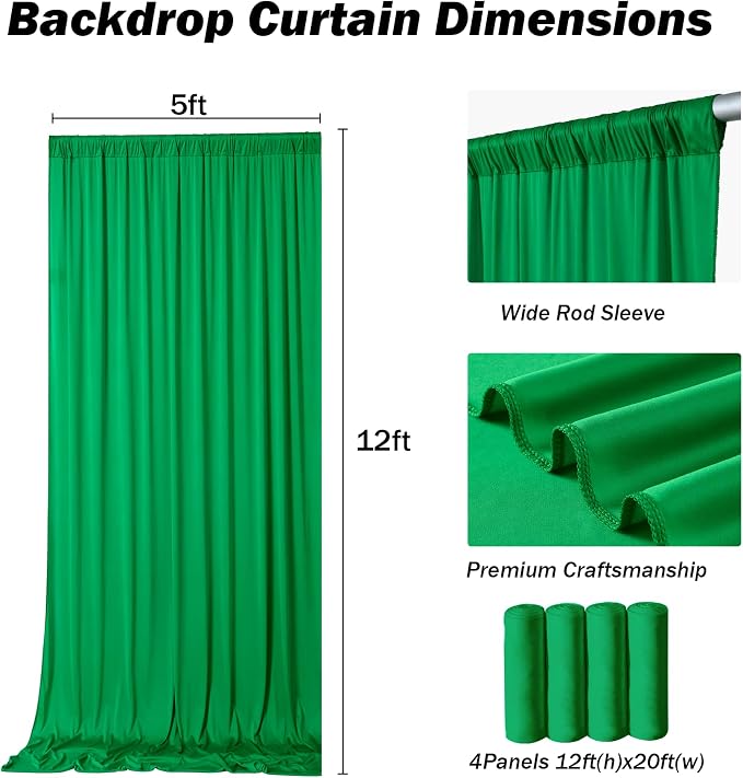 20x12 ft Green Backdrop Curtains for Weddings Parties, Birthdays and Photos | 4 Panels 5x12 ft, Wrinkle-Free Polyester Drapes, Washable, Ironable, 4 in Rod Pocket for Baby Showers Photography Background - Image 5