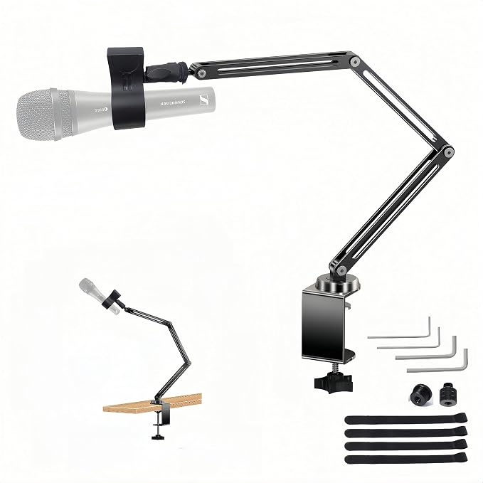 Low Profile Mic Boom Arm, 360° Rotatable 3-Section Foldable Desk Microphone Stand, 2.5kg Heavy Duty C Clamp Mic Mount with 1/4 3/8 5/8 Screw Adapter for Streaming Podcast(C Clamp Mount) by MeetRade
