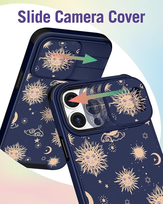Buleens for iPhone 15 Pro Case 6.1 Inch - with Ring Stand & Camera Cover Aesthetic Cute Designed for Women Girls Sun Moon Stars for Phone Case for iPhone 15 Pro Compatible with Magsafe - Image 3