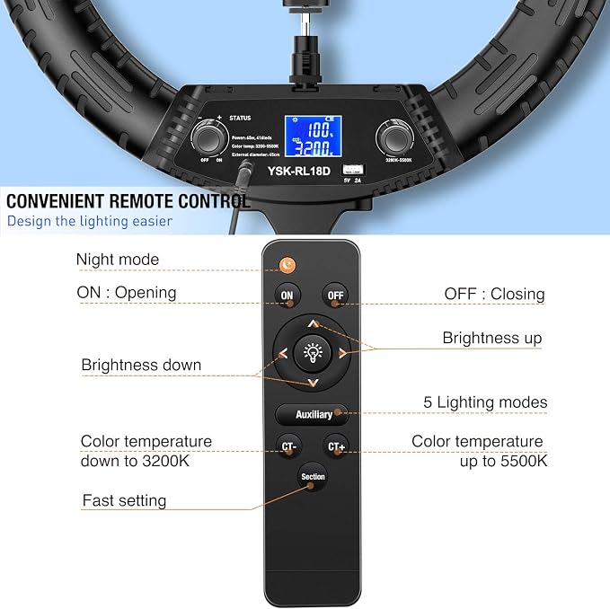 Yesker Ring Light 18" Wireless Remote LCD Screen with Tripod Stand 65W LED Ringlight Bi-Color 3200-5500K CRI≥95 for Portrait Live Stream Photography Tiktok Video Zoom Meeting Online Teaching - Image 6