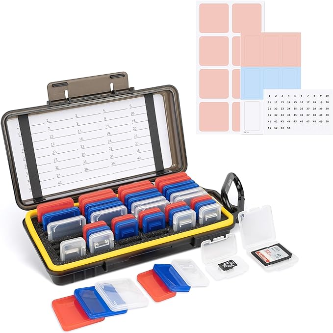 Kiorafoto Memory Card Case w 24 SD & 18 TF Transparent Standard Card Cases | Water-Resistant,Dual Protect,for 24 SD SDXC SDHC & 18 TF MSD Cards,Memory Card Holder Organizer,with Carabiner & Labels by Kiorafoto