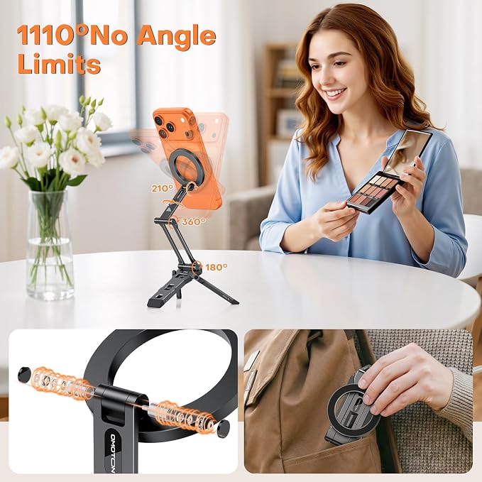 OMOTON TP06 Pro [Equipped Lanyard] 360° Rotating for MagSafe Tripod, Black | with Hook, Magnet Back & Arca-Swiss Base, 1/4" Screw, Magnetic Phone Tripod for iPhone 17/16 Pro Max Air Fits Vlog, Travel - Image 7