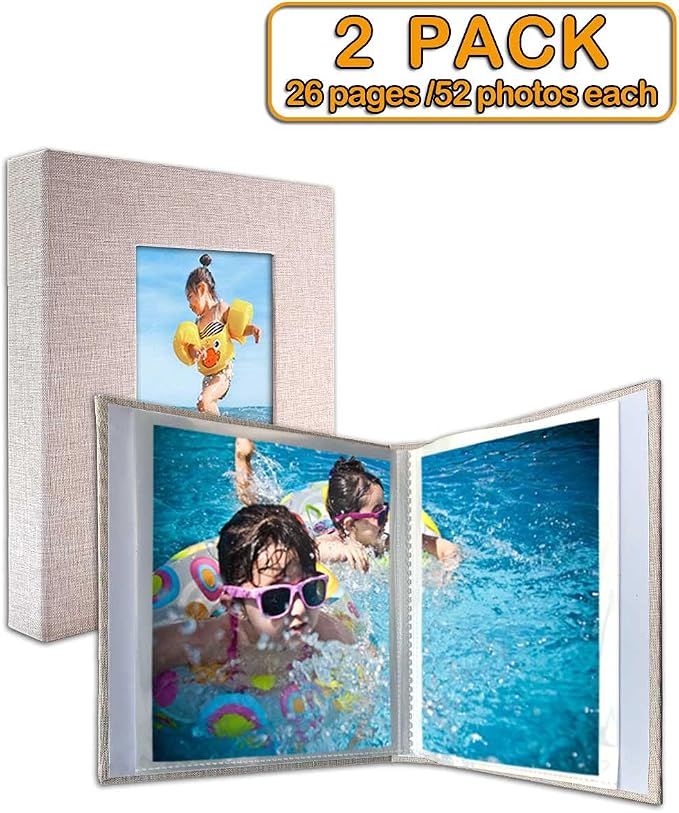 GPIRAL Small Photo Album 4x6 – Clear Pages, Linen Cover with Front Window, Pack of 2, Each Album Holds 52 Photos, Small Brag Book for 4x6 Pictures, Beige Fabric - Image 3
