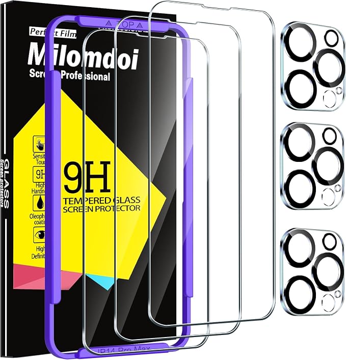Milomdoi Screen Protector for Apple iPhone 14 Pro Max, Tempered Glass | 3+3 Pack, 9H+ Hardness, Camera Lens Protector, Military Grade Shatterproof, Easy Installation, No Bubbles, Case Friendly by Milomdoi