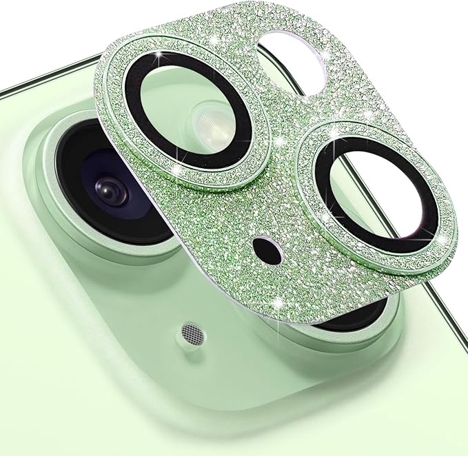 Compatible with iPhone 15 & iPhone 15 Plus Camera Lens Protector, Bling 3D Rhinestone Diamond 9H Tempered Glass Camera Cover Anti Scratch Shockproof Lens Screen Full Protective Cover - Green by Hsefo