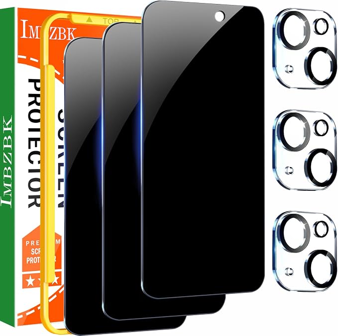 IMBZBK 3 Pack Privacy Screen Protector for iPhone 15,Tempered Glass | 9H+ Hardness, Military Grade Shatterproof, Case Friendly, Bubble Free Easy Installation Frame, with 3 Camera Lens Protectors by IMBZBK