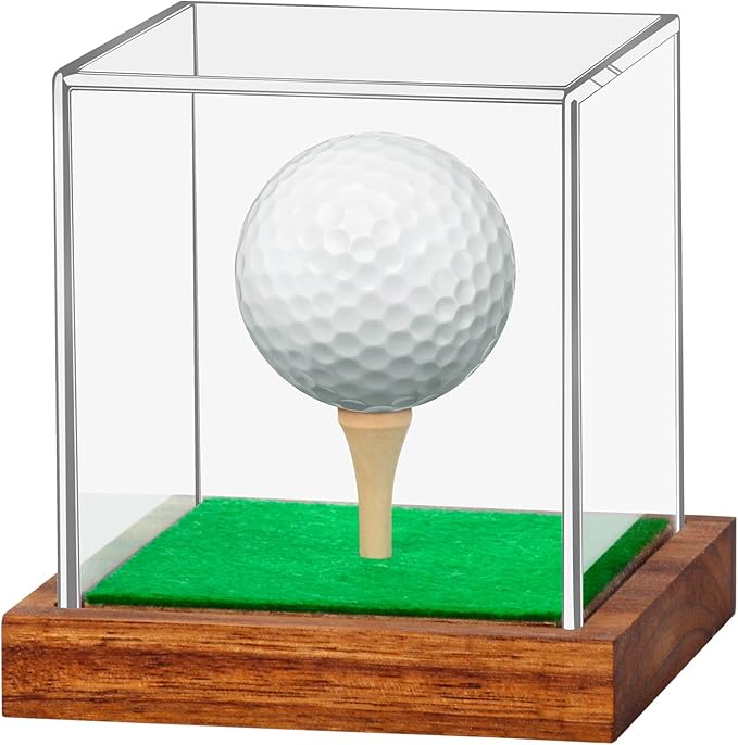 Clear Acrylic Golf Ball Display Case with Wood Base & Tee, Memorabilia Stand Cube Holder, Dust Protection Transparent Storage Box for Single Ball Souvenir Golfball Collections by Hxezoc
