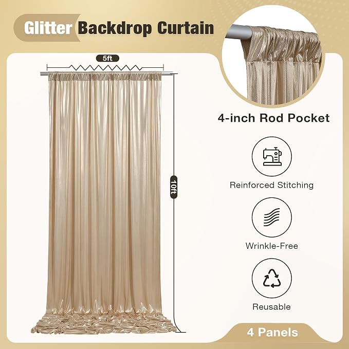 20x10FT Champagne Sequin Backdrop Curtain for Party - 4 Panels 5x10FT Wrinkle-Free Shimmer Drapes for Birthday, Wedding, Christmas, Decorations & Photography - Image 5