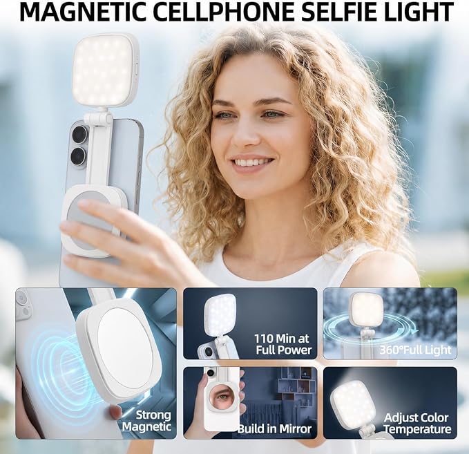 Magnetic Selfie Light, Compatible with MagSafe iPhone, CRI 95, 5 Color Modes, Rechargeable LED Phone Light with Mirror, Portable Ring Light for Vlog Makeup Photography Video Recording, White - Image 2