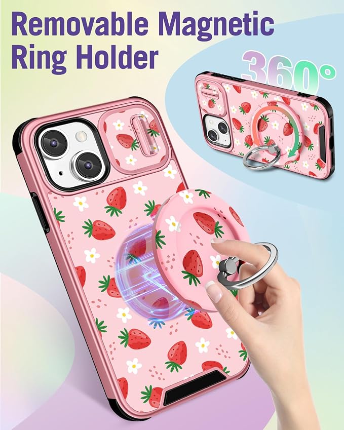 Buleens for iPhone 13 Case 6.1 Inch - with Ring Stand & Camera Cover Aesthetic Cute Designed for Women Girls Girly Pretty Strawberry for Phone Case for iPhone 13 Compatible with Magsafe - Image 5