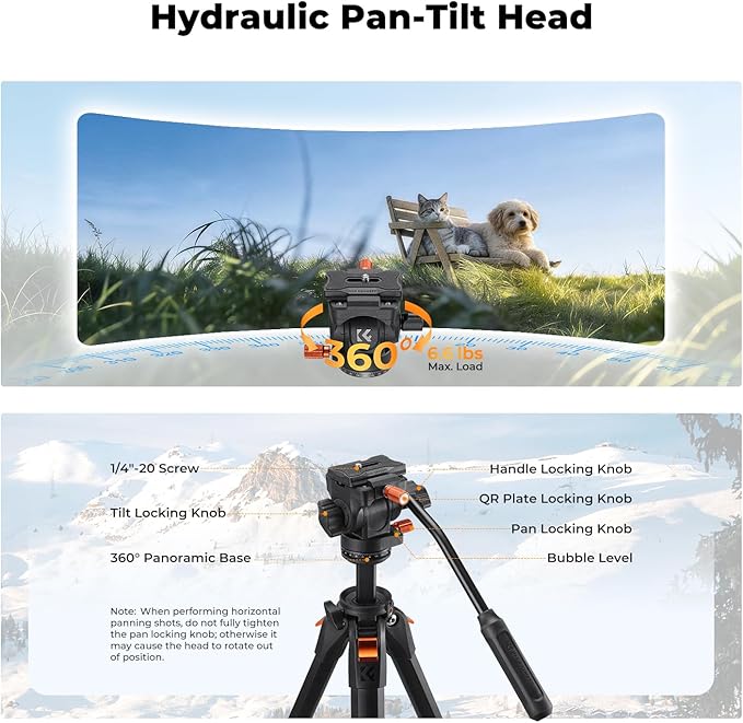K&F CONCEPT 73" Camera Tripod with Fluid Head | Aluminum Travel Tripod, Smooth Pan/Tilt for DSLR/Mirrorless/Camcorder, Max Load 6.6lb, A305A3+FH-04 - Image 6