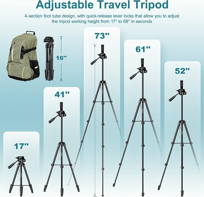 JOILCAN Phone Tripod, 68" Tripod for Phone Stand Video Recording Photos | Travel Floor Tripod Compatible with iPhone Canon Nikon DSLR, Cell Phone Tripods with Remote / Travel Bag - Image 7