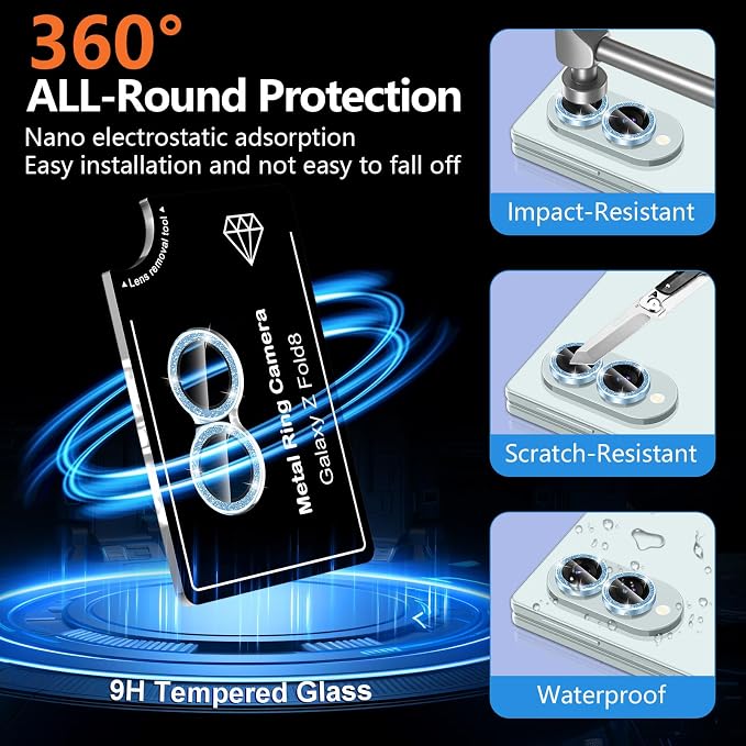 for Samsung Galaxy Z Fold 8 Camera Lens Protector, Individual Metal Ring Tempered Glass Lens Cover, [Strong Adsorption] Scratch Resistant Ultra-Thin HD Clear Lens Cover,1 Set-Blue Sparkly - Image 2