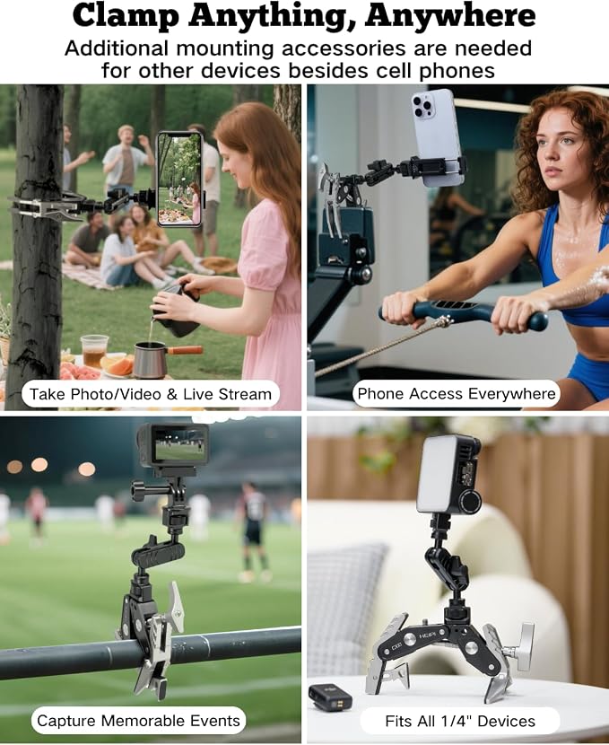 HEIPI C100 Super Clamp & MA175 Magic Arm & Phone Clip, Max Clamping 3.93" | Clamp & stand design. Max clamping 3.93" / 10cm. Dual screw mounts: 1/4"-20 & 3/8"-16. Compatible with phone - Image 8