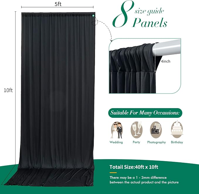 40 ft x 10 ft Wrinkle Free Black Backdrop Curtain for Parties, 8 Panels 10ft Polyester Black Photo Backdrop Drapes for Graduation Birthday Wedding Party Stage Curtains, Thick Bulk Background Curtains - Image 5