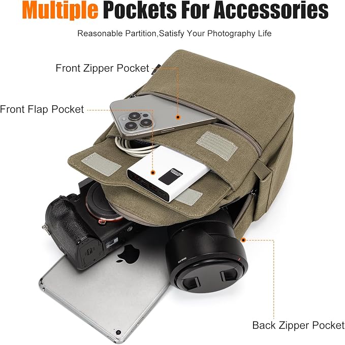 Cwatcun Sling Camera Bag Canvas, Compact Crossbody Case with Rain Cover | Fits 1DSLR+1lens +7.9"iPad +6.1"phone. Travel Photography Bag for Canon, Nikon, Sony, Fuji DSLR/SLR/Mirrorless Cameras, Lens - Image 4