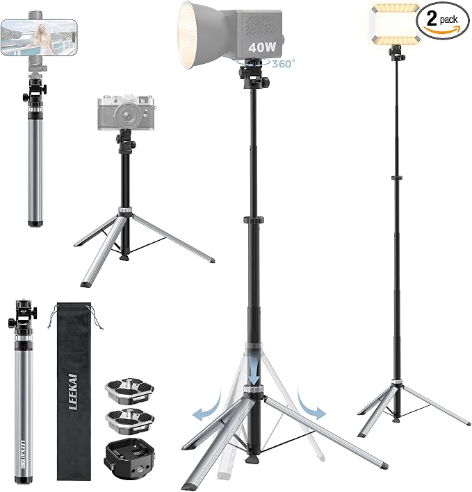 82'' Auto Pop-Up Light Stand, 360° Ball Head Tripod with Quick Release Set | LEEKAI LK58 Extendable Camera Phone Tripod Stand w 1/4" Screw for DSLR Camera, Ring Light, Video Rig, Max Load 20 lbs by Leekai