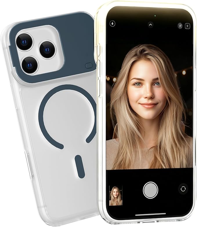 for iPhone 16 Case with Selfie Light, 3 Color Modes (Blue) | Compatible with MagSafe,Brightness Control, Memory Setting, USB-C Light Charging, Cable Included by GGBON