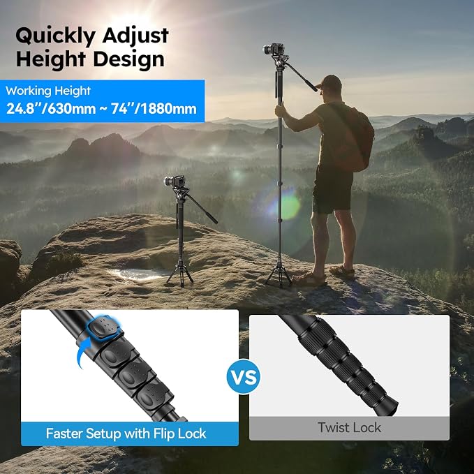 SIRUI AM-MDP02 Video Monopod with Feet, 74" Fluid Head, 8kg Load for DSLR | 74" Portable Video Monopod with Fluid Head, Stable Feet, Smooth Pan & Tilt, 8kg/17.6lb Load for DSLR Cameras and Camcorders - Image 8