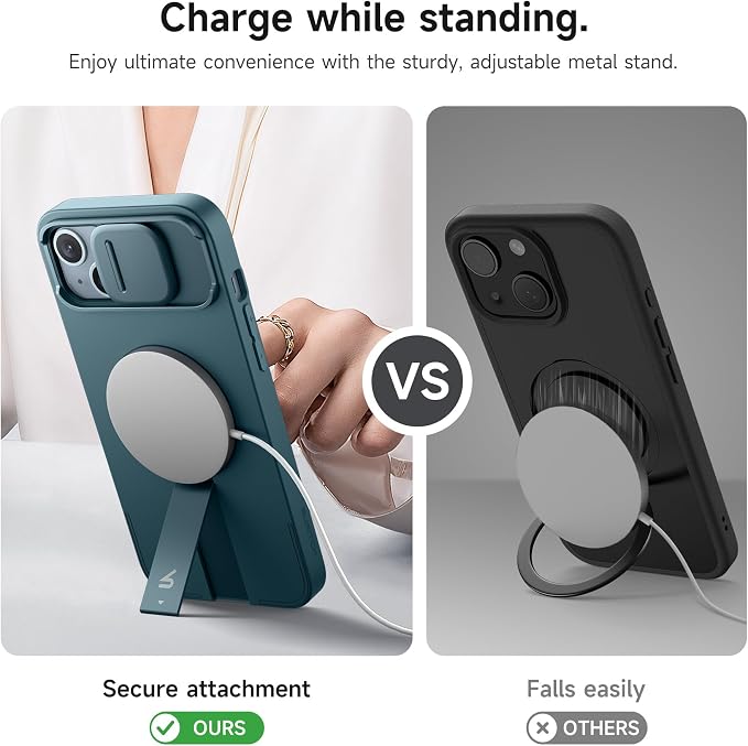 SURITCH for iPhone 14 Plus/15 Plus Case with Magnetic Camera Slide Cover and Adjustable Kickstand, Compatible with MagSafe, Shockproof Bumper Case Slim Protective Cover 6.7 Inch, Lake Green - Image 5
