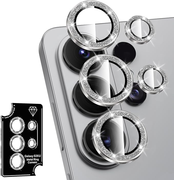 for Samsung Galaxy S26 Ultra Camera Lens Protector, Individual Metal Ring Tempered Glass Lens Cover, [Strong Adsorption] Scratch Resistant Ultra-Thin HD Clear Lens Cover, 1 Set-Gray Sparkly by Btscase