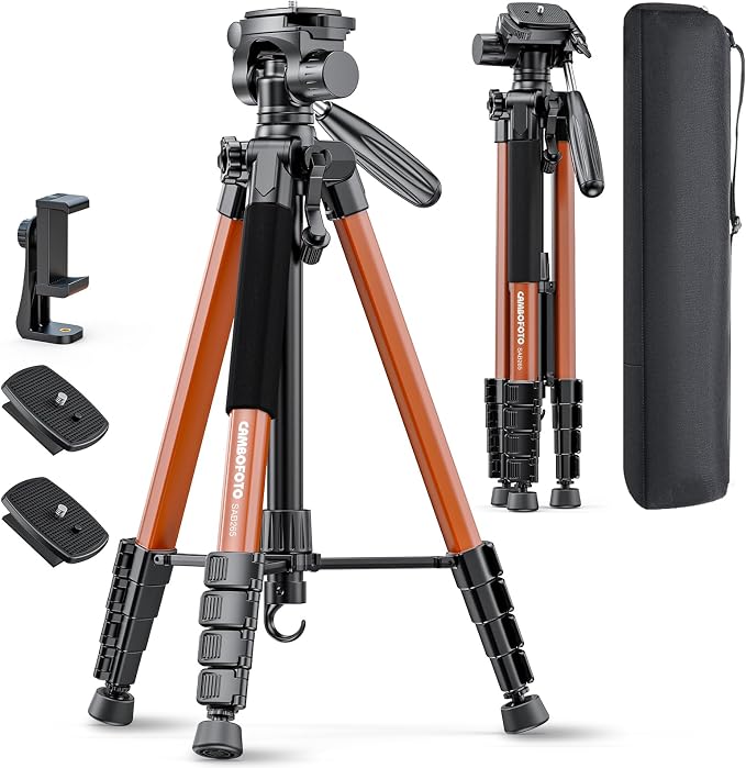 CAMBOFOTO 74″ Camera Tripod, 360° Aluminum Lightweight Tripod/Orange | Heavy‐Duty Professional Tripod Stand for DSLR & Mirrorless Cameras/Smartphones/GoPro, with 360° Pan Head/Phone Mount by CAMBOFOTO