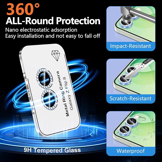 for Samsung Galaxy Z Flip 8 Camera Lens Protector, Individual Metal Ring Tempered Glass Lens Cover, [Strong Adsorption] Scratch Resistant Ultra-Thin HD Clear Lens Cover, 1 Set-Blue Diamond - Image 2