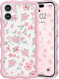 QLTYPRI for iPhone 16 Plus Pink Flower Case, Clear Cute Pink Floral Flower Phone Case Curly Wavy Aesthetic Phone Cover, Soft Slim Transparent TPU Shockproof Protective Cover for Women Girls - Pink by QLTYPRI