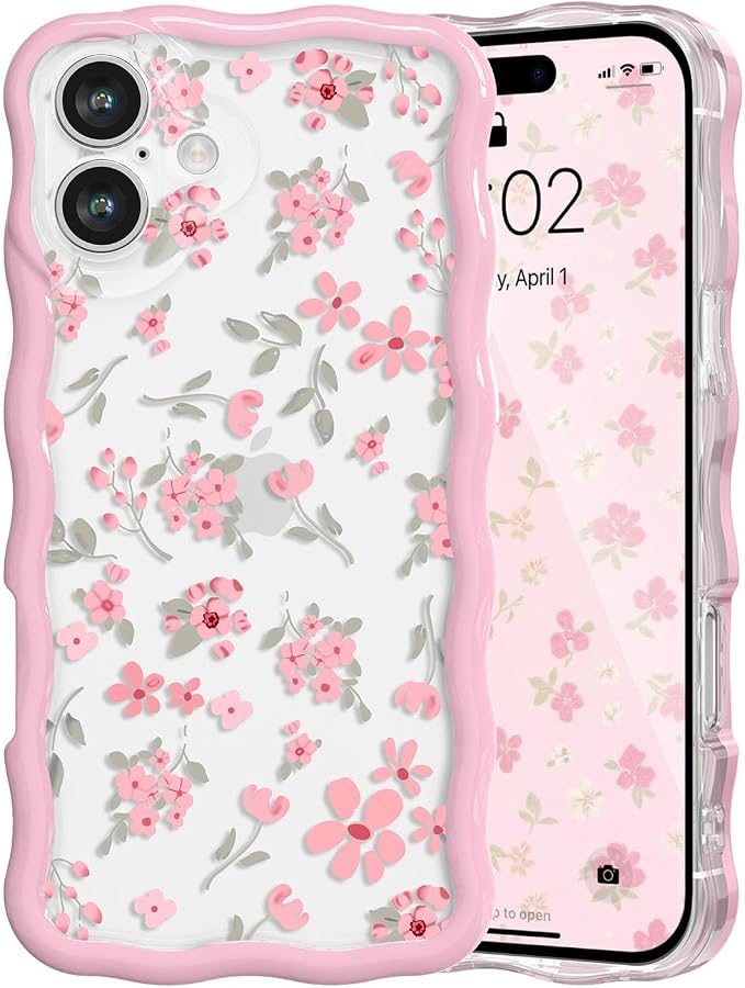 QLTYPRI for iPhone 16 Plus Pink Flower Case, Clear Cute Pink Floral Flower Phone Case Curly Wavy Aesthetic Phone Cover, Soft Slim Transparent TPU Shockproof Protective Cover for Women Girls - Pink by QLTYPRI