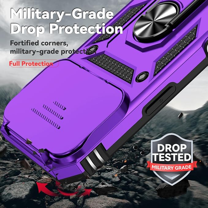 SunStory Phone Case for iPhone 17 Pro Case with HD Screen Protector & Slide Camera Cover & Rotated Ring Kickstand, [Military-Grade] Phone Case for iPhone 17 Pro, Purple - Image 6