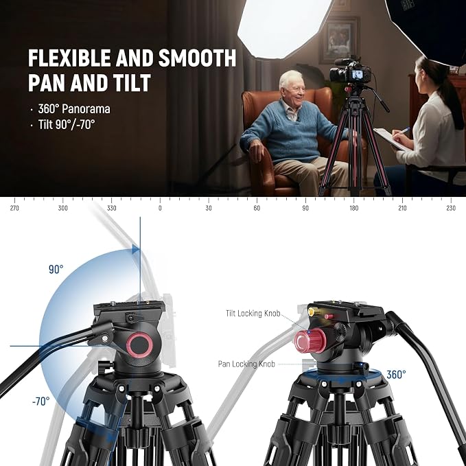 NEEWER 79"/2m Video Camera Tripod with Fluid Head, One Step Quick Release Aluminum Heavy Duty Tripod Stand with QR Plate Compatible with Canon Nikon Sony DSLR Camera Camcorder, Max Load 17.6lb, LL38 - Image 4