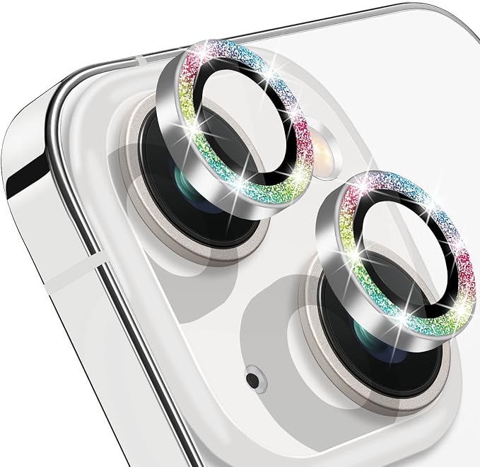 Compatible with iPhone 15 & 15 Plus Camera Lens Protector, Bling Glitter 9H Tempered Glass Camera Cover Anti Scratch Shockproof Screen Protector Individual Metal Lens Ring - 2PCS Glitter by Hsefo