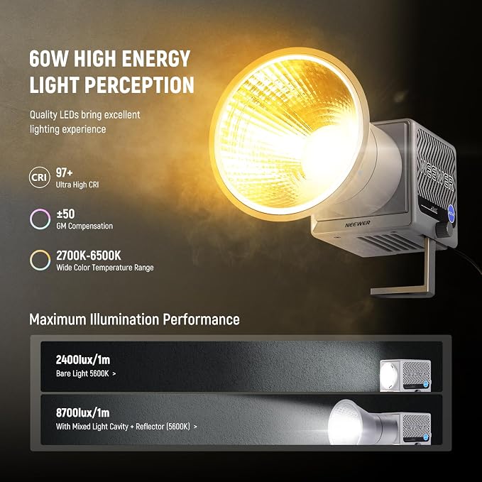 NEEWER 60W Portable RGB LED Video Light Handheld Fill Light, APP/2.4G/Panel Control 18 Scenes 8700Lux/1m 2700-6500K CRI97+ Dimmable COB Continuous Output Lighting for Video Recording Streaming, HS60C - Image 3