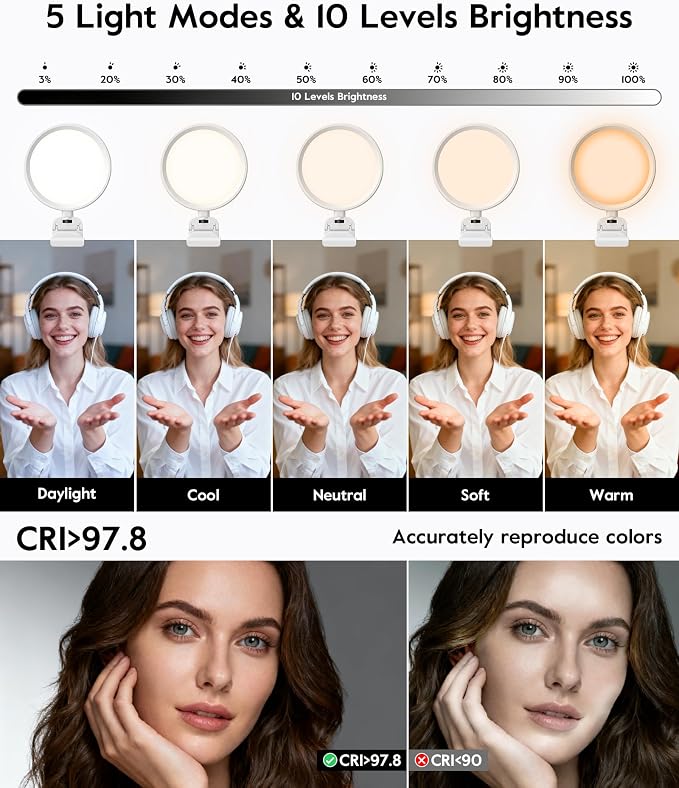 5" Full Screen Computer Lighting for Video conferencing, Streaming | Eye-Caring Ring Light, CRI>97.8, 50 Modes, Memory, Lighting for Zoom meetings, Portable for Laptop, Monitor & Webcam - Image 4