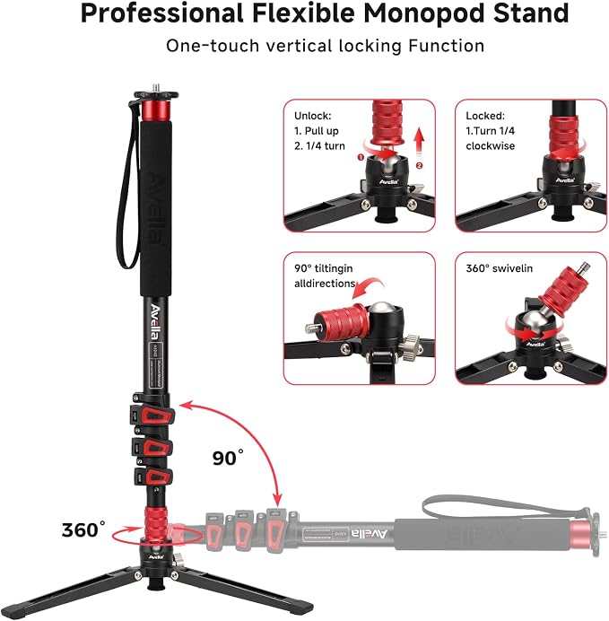 Avella A324D Aluminum Camera Monopod, 67 Inch | Professional, Telescopic Video Monopods, Base Tripod, For Canon Nikon Sony Olympus Panasonic DSLR Camera - Image 4