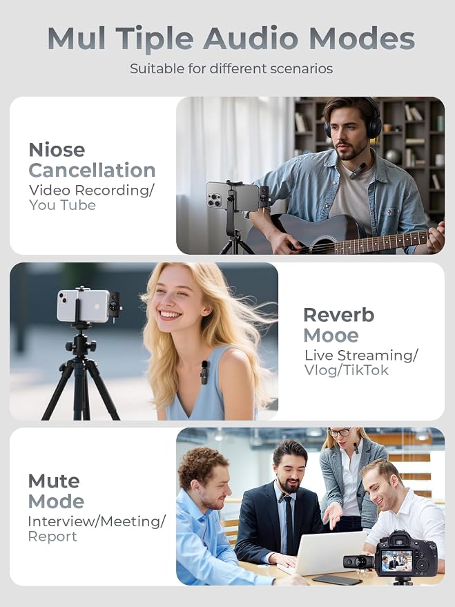 3-in-1 Wireless Microphone:20H Battery, 80ft | Microphone for iPhone & Android - DSP 3-Mode Noise Cancelling for Vloggers & Creators, No Dead Battery - Image 5