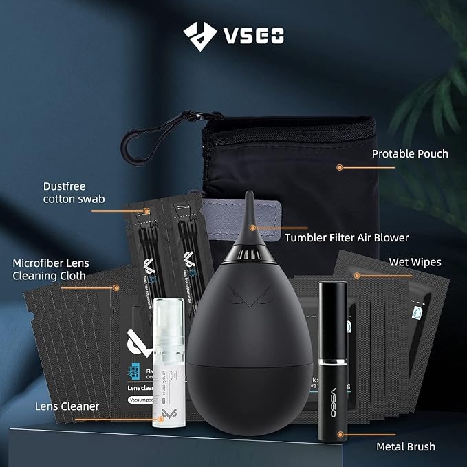 VSGO Professional Lens Cleaning Kit with Air Blower Folding Pouch Microfiber Lens Cloth Wet Wipes Lens Cleaner Metal Brush Cotton Swab Compatible for Optical Camera Lens Phone Laptop Cleaning(VS-A2E) - Image 2
