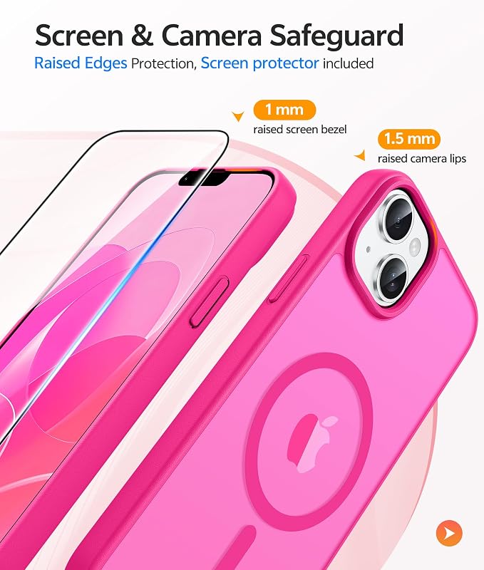 FNTCASE for iPhone 15/14 Plus Case, Fit for Magsafe, Screen Protector | Translucent Matte Magnetic Back, 14FT Military Grade Drop Protection, Shockproof Protective Phone Cover, Hot Pink - Image 4