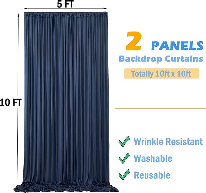 10x10ft Wrinkle Free Navy Blue Backdrop Curtains for Party Background, Silky Polyester Blue Photo Backdrop Drapes 2 Panels 5x10ft Back Drop Cloth Drapery for Wedding Birthday Photography Decor - Image 7