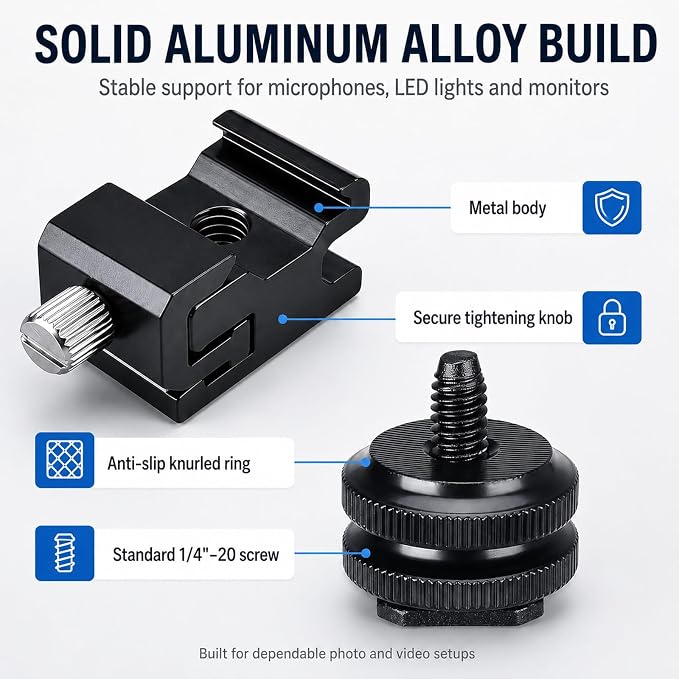 10 Pack Cold Shoe Mount & Hot Shoe Adapter, 1/4"-20 DSLR Rig Kit | 5 Cold Shoe Mounts + 5 Hot Shoe Adapters For Dslr Rigs, Tripods, Mics, Led Lights And Monitors; Secure Metal Construction - Image 5