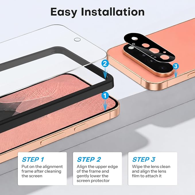 OMOTON 3+2 Pack for Google Pixel 11 Pro Screen Protector 6.3-inch | 3 Pack Tempered Glass Screen Protector&2 Pack Camera Lens Protector with Alignment Framework, Case Friendly(Not for 11/11 XL) - Image 4