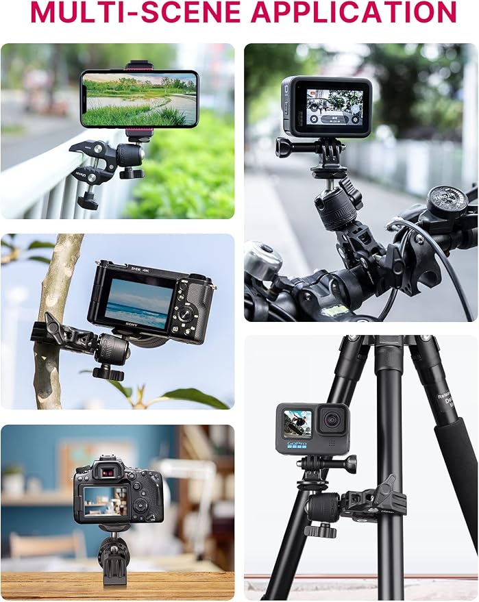 ULANZI R099 Super Clamp Camera Mount - Heavy Duty 3.3lb Load Metal Clamp with 360° Ball Head for Action Cameras (GoPro/Insta360/DJI), DSLR, Bike/Motorcycle Handlebar, Pole/Tube Mount Accessories - Image 2